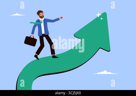 A confident businessman moves up the arrow of success. Symbolizes the growth of business, career, professionalism and financial achievements Stock Vector