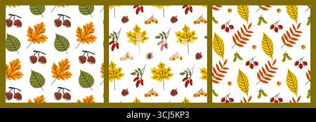 This vibrant collection showcases three distinct autumn-inspired patterns. Each features various leaves and fruits, highlighting warm colors and seaso Stock Vector