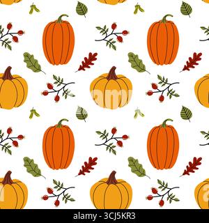 This design features bright orange pumpkins, green leaves, and red berries arranged in a repetitive pattern on a white background, perfect for fall-th Stock Vector