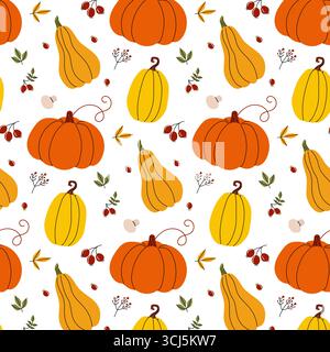 Various pumpkins and squashes in shades of orange and yellow are arranged in a vibrant pattern against a white background, perfect for autumn-themed d Stock Vector