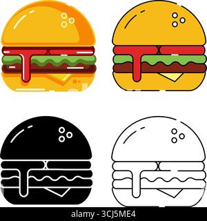 Set Bundle Of Icon Fast Food Burger in Outline, Silhouette, Flat and Solid Style Vector Isolated Design Stock Vector