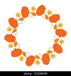 Colorful circular decoration featuring orange pumpkins and yellow leaves creates a festive atmosphere perfect for autumn gatherings or seasonal events Stock Vector
