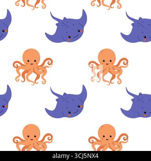 Playful cartoon octopuses and stingrays are illustrated swimming joyfully on a white background. The vibrant colors and friendly expressions make this Stock Vector