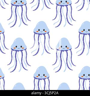 Repeating pattern features friendly jellyfish in soft blue color with smiling faces. Ideal for childrens room designs or playful textile projects, bri Stock Vector