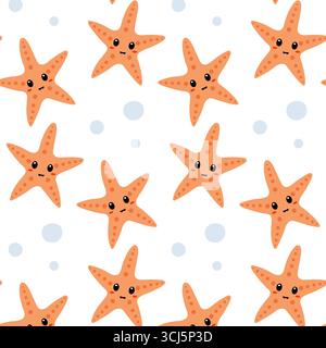 A pattern filled with cute orange starfish featuring expressive faces against a soft white background, ideal for textile or wallpaper design. Stock Vector
