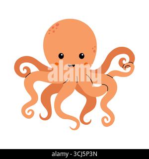 A cartoon-style octopus with eight curling tentacles is centered on a white background. The octopus has an adorable, smiling face with rosy cheeks. Stock Vector