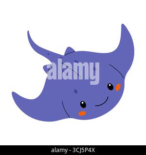 A simple, colorful cartoon shows a happy, violet stingray with orange cheeks. The ray has spots and small fins, appearing to swim against a plain whit Stock Vector