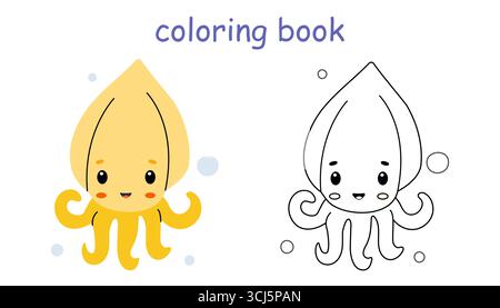 Squid black and white. Coloring book or Coloring page for kids. Marine ...