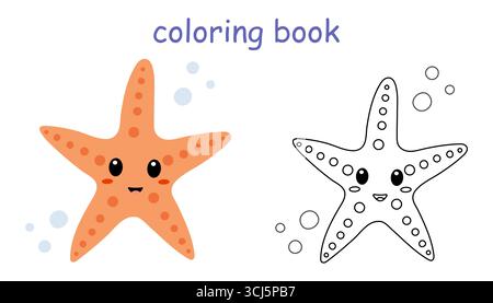 Two adorable starfish are shown, one in bright orange and the other in black and white. This coloring book page invites children to unleash their crea Stock Vector