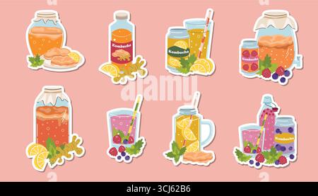 Kombucha compositions stickers set in flat cartoon style with bottles, jar, glasses and cans. Fermented tea drink in flavors ginger, mint, lemon, rasp Stock Vector