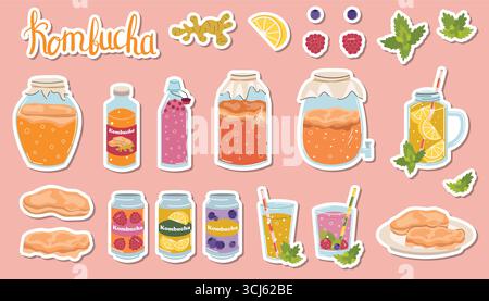 Kombucha stickers set with bottles, glasses and cans in flat cartoon style. Fermented tea drink in assorted flavors, ginger, mint, lemon, raspberry, b Stock Vector