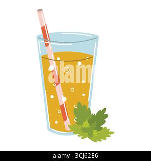 Kombucha tea drink in glass with straw and fresh mint in flat cartoon style. Probiotic fermented beverage, healthy natural drink, refreshing tea illus Stock Vector