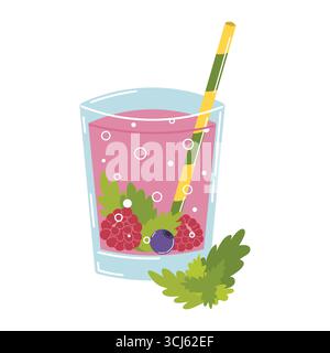 Kombucha drink in glass with straw, mint, raspberry and blueberry in flat cartoon style. Healthy fermented beverage design, probiotic tea, refreshing Stock Vector