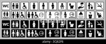 WC icons set with restroom, man, woman, handicapped, mother with baby, shower, trash, and no smoking symbols. Black on white and white on black silhou Stock Vector