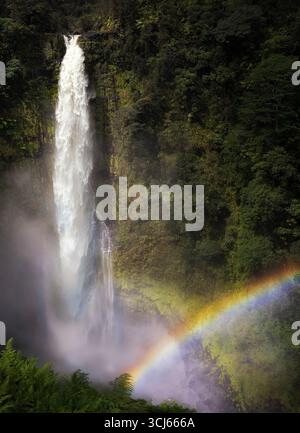 Akaka Falls with heavy water flow and rainbow. Hawaii, The Big Island Stock Photo