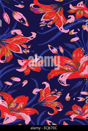 Big flowers pattern, upscale floral pattern. graphical textures floral, trendy colors pattern , flowers background with leaves. vector illustration. Stock Vector