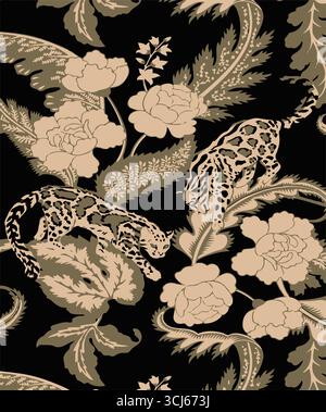 Vector seamless pattern with leopards, flowers, and tropical leaves. Trendy style. Stock Vector