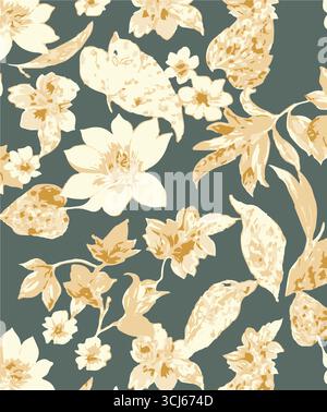 Big flowers pattern, upscale floral pattern. graphical textures floral, trendy colors pattern , flowers background with leaves. vector illustration. Stock Vector