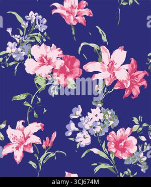 Big flowers pattern, upscale floral pattern. graphical textures floral, trendy colors pattern , flowers background with leaves. vector illustration. Stock Vector