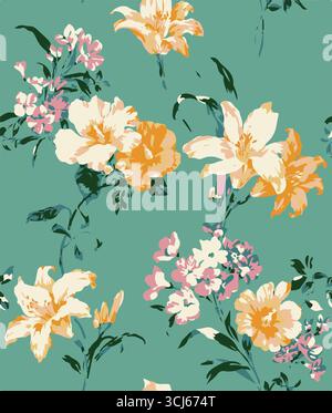 Big flowers pattern, upscale floral pattern. graphical textures floral, trendy colors pattern , flowers background with leaves. vector illustration. Stock Vector