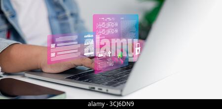 Person using AI interface on laptop for data analysis, machine learning, and cybersecurity, representing modern business technology integration. Stock Photo