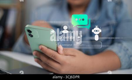 Person interacting with AI chatbot on mobile phone, symbolizing artificial intelligence in communication, daily life, and modern technological advance Stock Photo