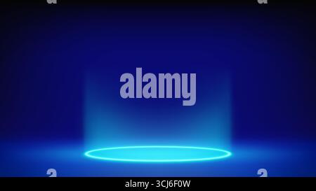 Futuristic glowing blue stage, studio. Empty room, circular cyan neon lighting in floor. The product levitates, hangs. Background. Displaying products Stock Vector