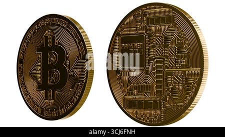 Close-up of two shiny gold Bitcoin coins isolated on a white background, showing technical engravings, blockchain theme, and the role of cryptocurrenc Stock Photo