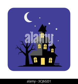 Creepy haunted house at night with crescent moon and stars white background Stock Vector