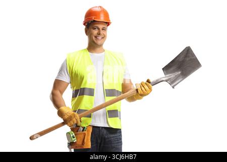 Construction worker holding a shovel isolated on white background Stock Photo