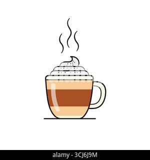 Illustration of a steaming coffee drink with whipped cream and layers white background Stock Vector