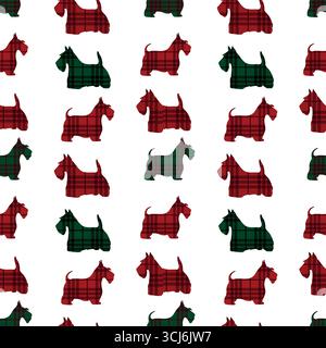 Seamless pattern of Scottish terrier on plaid background. Vector illustration. Robert burns night on white background Stock Vector