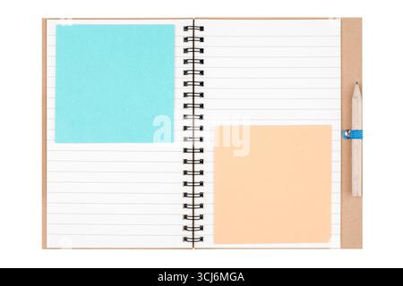 Open Blank Notebook with Pencil and Sticky Notes Isolated on White Background Stock Photo