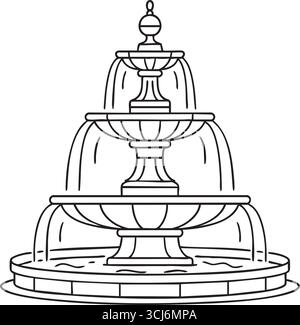 A classic multi level fountain is drawn in clean black lines showing bowls and a central spire. Stock Vector