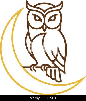 A stylized owl sits calmly upon a slender crescent moon drawn with graceful golden lines. Stock Vector