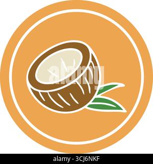 A creamy white coconut half sits inside a warm circular plate accented by two green leaves. Stock Vector