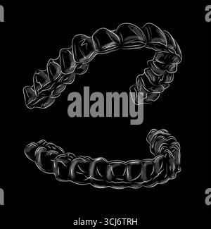 Dental whitening tray for upper and lower teeth illustration drawing in graphic style with white on black background. Stock Vector