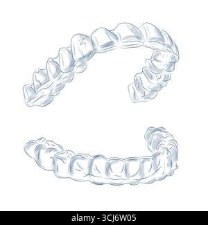 Dental whitening tray for upper and lower teeth illustration drawing in graphic style with blue on white background. Stock Vector