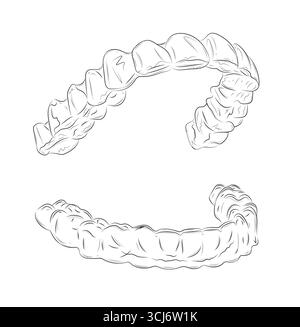 Dental whitening tray for upper and lower teeth illustration drawing in graphic style with black on white background. Stock Vector