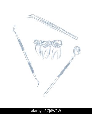 Teeth braces with dental treatment tools illustration drawing in graphic style with blue on white background. Stock Vector