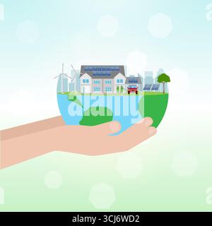Save Energy. Save the World. Renewable Energy Sources.   Alternative Clean and Green Energy. Eco-Friendly Concept. Vector Illustration. Stock Vector