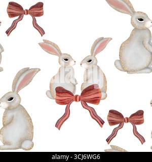 Watercolor bunny seamless pattern. Gray bunnies with pink bows on white background. Perfect for baby shower designs, nursery decor, or Easter projects Stock Photo