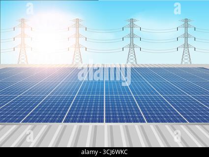 Solar Cell. Solar Panel on Roof with Electric Tower. Renewable Energy Sources. Clean and Green Energy. Stock Vector