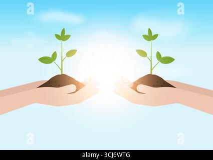 Hand Holding Plant in Concept Save Environment. Save the World. Environment day concept. Vector Illustration. Stock Vector