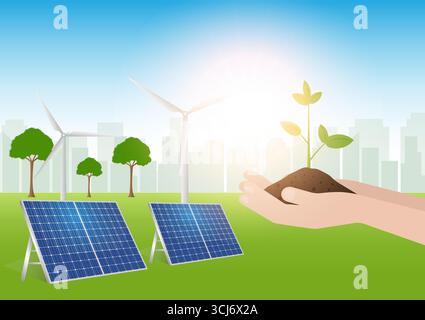 Green City or Smart City with Wind Turbine with Solar Panel. Alternative Clean and Green Energy. Eco-Friendly Concept. Vector Illustration. Stock Vector