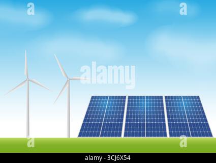Wind Turbine with Solar Panel. Green City. Alternative Clean and Green Energy. Eco-Friendly Concept. Vector Illustration. Stock Vector