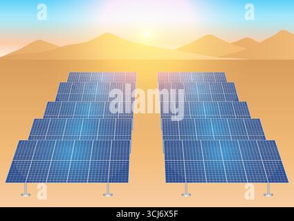 Solar Cell. Solar Panel in Desert. Alternative Renewable Energy Sources. Clean and Green Energy. Stock Vector