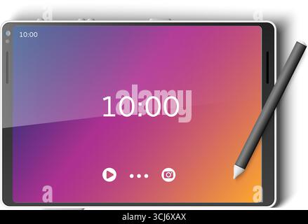 Realistic mockup of black pen tablet for drawing or working. Display interface. Mobile application. 3D PC screen with stylus. Modern computer technolo Stock Vector
