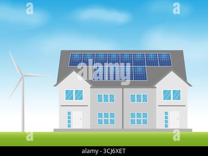 House With Solar Panel on Roof with Wind Turbine. Solar Energy and Renewable Energy Sources. Clean and Green Energy. Vector Illustration. Stock Vector
