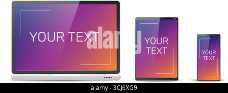 Realistic laptop, tablet and cell phone mockups for ad or UI design. Electronic equipment technology. Smartphone touch screen front view. Media gadget Stock Vector